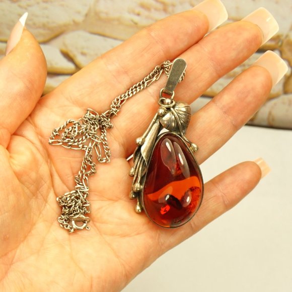CALLA LILLY BIG AMBER and 925 SILVER PENDANT WITH 19 in STERLING CHAIN - Picture 4 of 10